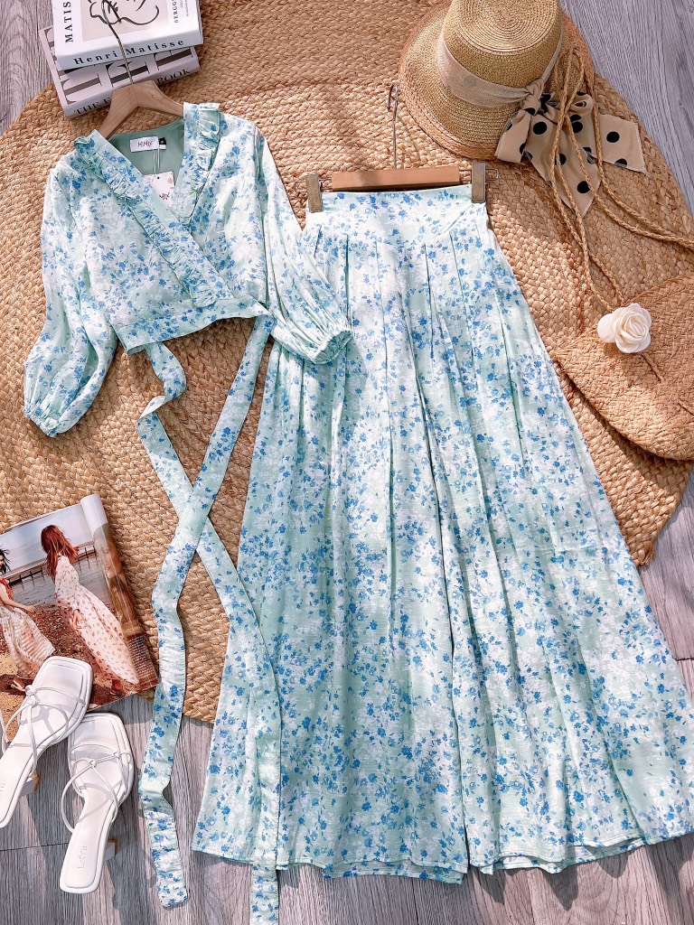 Set Bộ Hoa Nữ Áo Đắp Chéo Cổ Viền Bèo Mix Quần Dáng Dài Đi Biển MIMIX - FK6