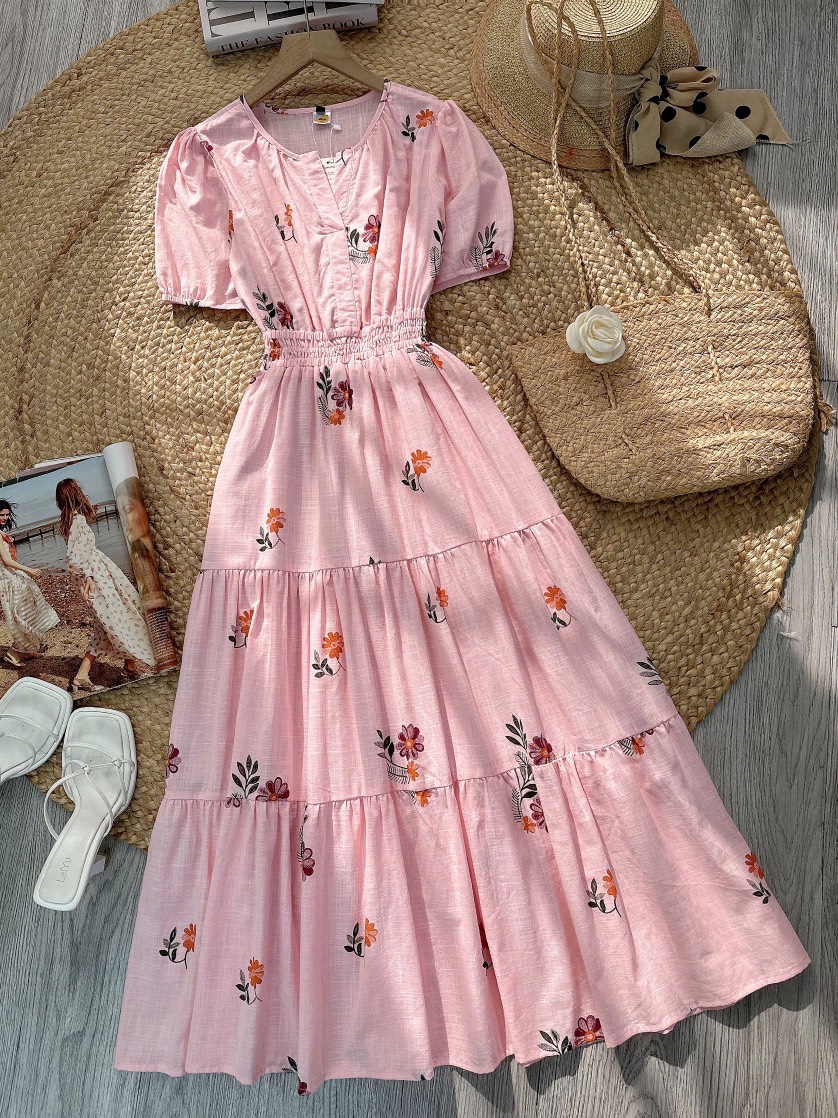 Đầm Maxi Nữ Cổ Tròn Bo Eo Chất Cotton Sước In Hoa Đi Biển MIMIX - FN0