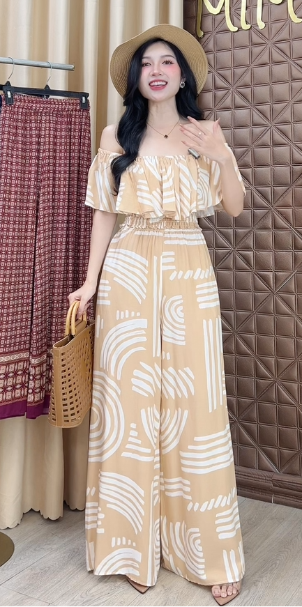 Set Bộ Nữ Áo Croptop Bèo Mix Quần Suông Dài Họa Tiết Đi Biển Đi Tiệc MIMIX - FK9