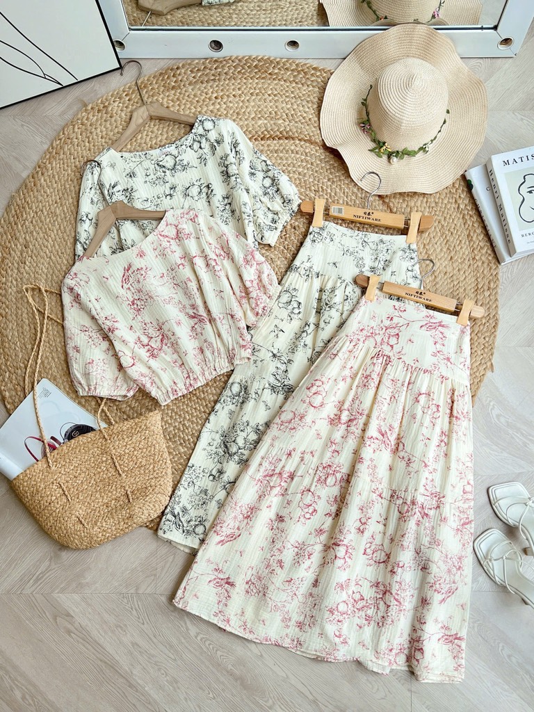 FS4 - SET ÁO CỔ TRÒN MIX CHÂN VÁY MIMIX