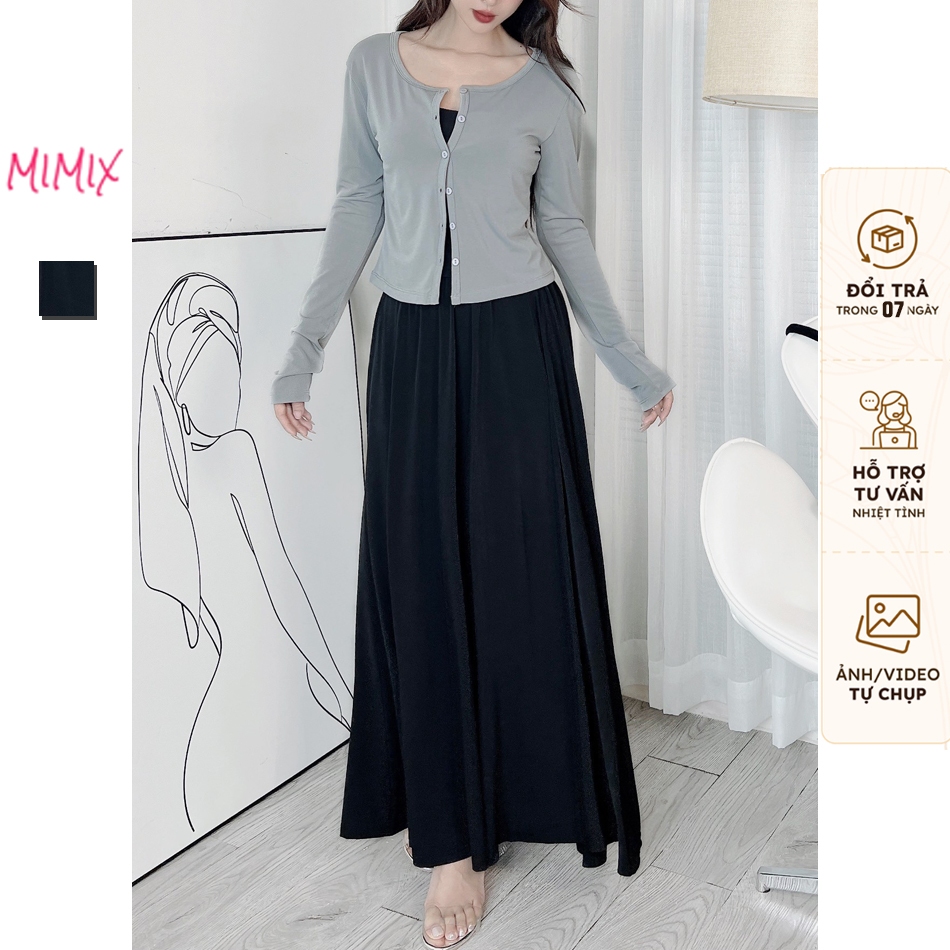 Set Bộ Nữ 3 Món Áo 2 Dây Bún, Chân Váy Dáng Xòe Kèm Áo Khoác Chất Thun Dẻo Đi Du Lịch MIMIX - EA7