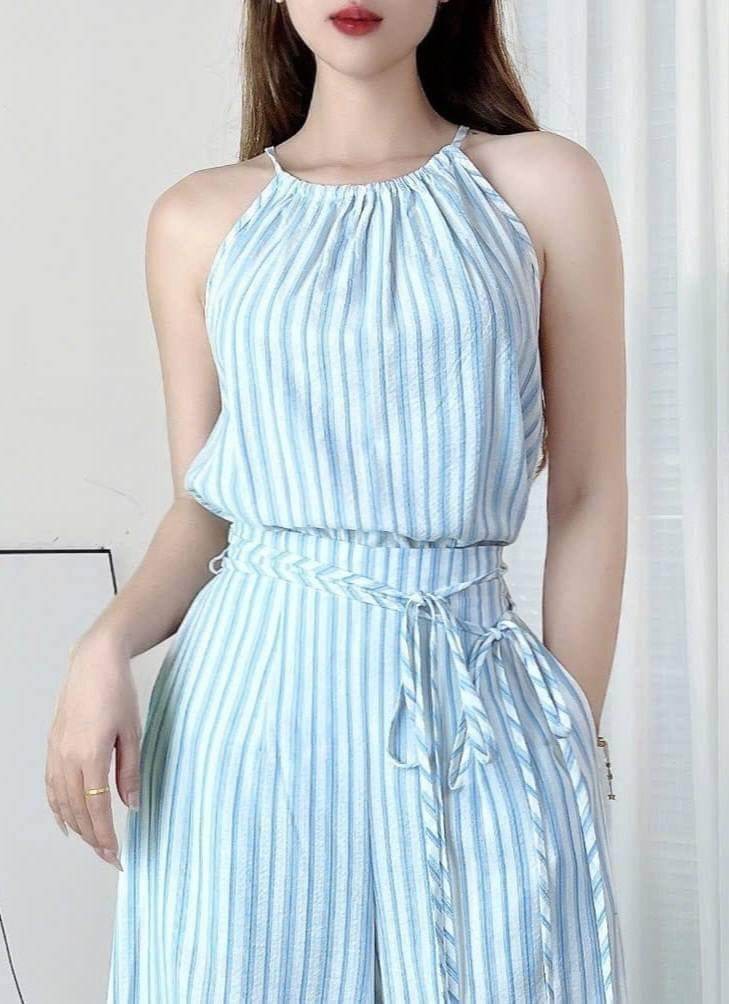 Set Yếm Sọc  Áo Form Yếm Kèm Quần Dáng Dài Chất Linen Kẻ Đi Du Lịch MIMIX - EJ7