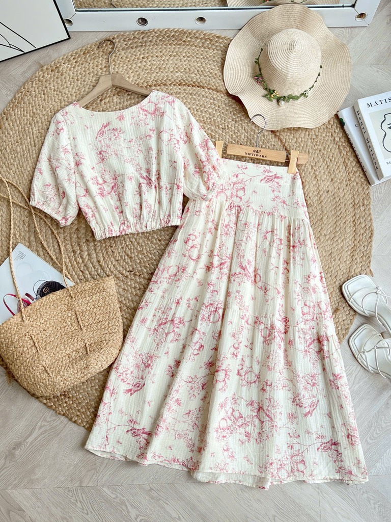 FS4 - SET ÁO CỔ TRÒN MIX CHÂN VÁY MIMIX