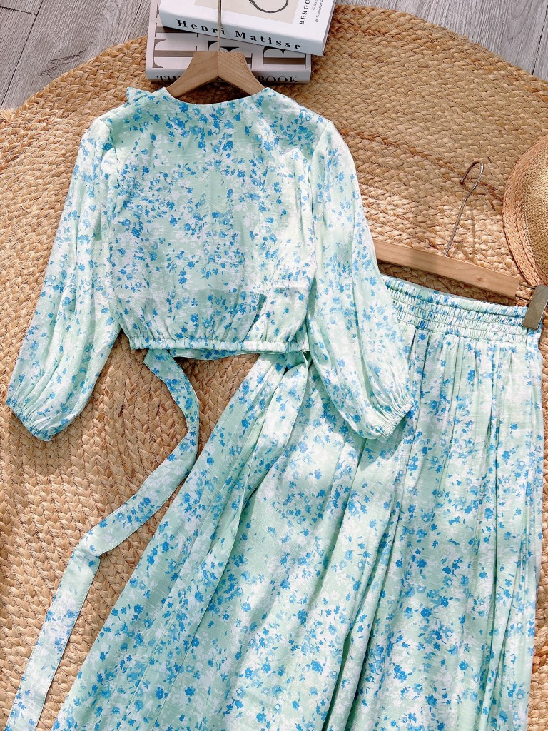 Set Bộ Hoa Nữ Áo Đắp Chéo Cổ Viền Bèo Mix Quần Dáng Dài Đi Biển MIMIX - FK6