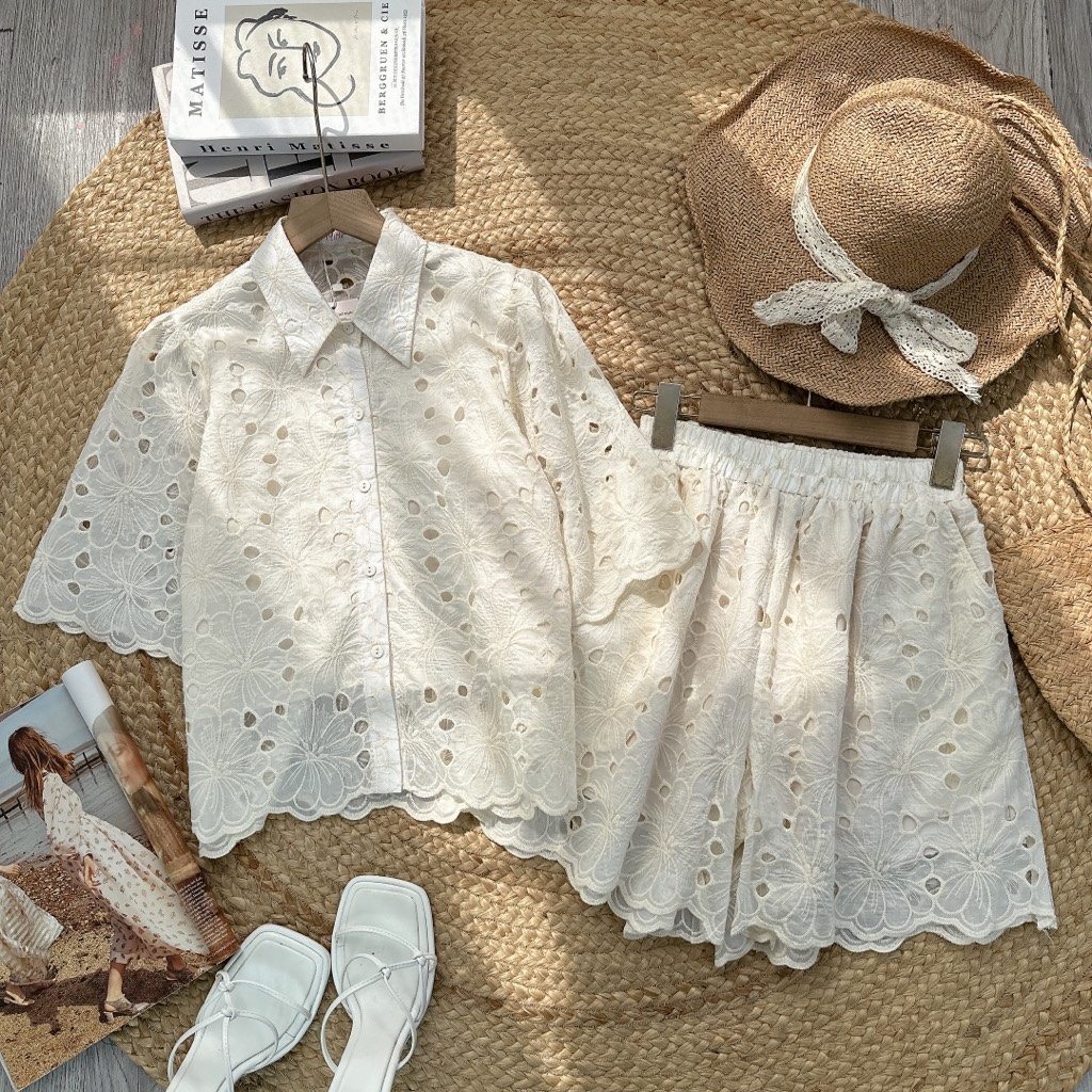 Set Short Áo Sơ Mi Thêu Hoa Chất Tơ Thêu Đi Dạo Phố MIMIX - FD7