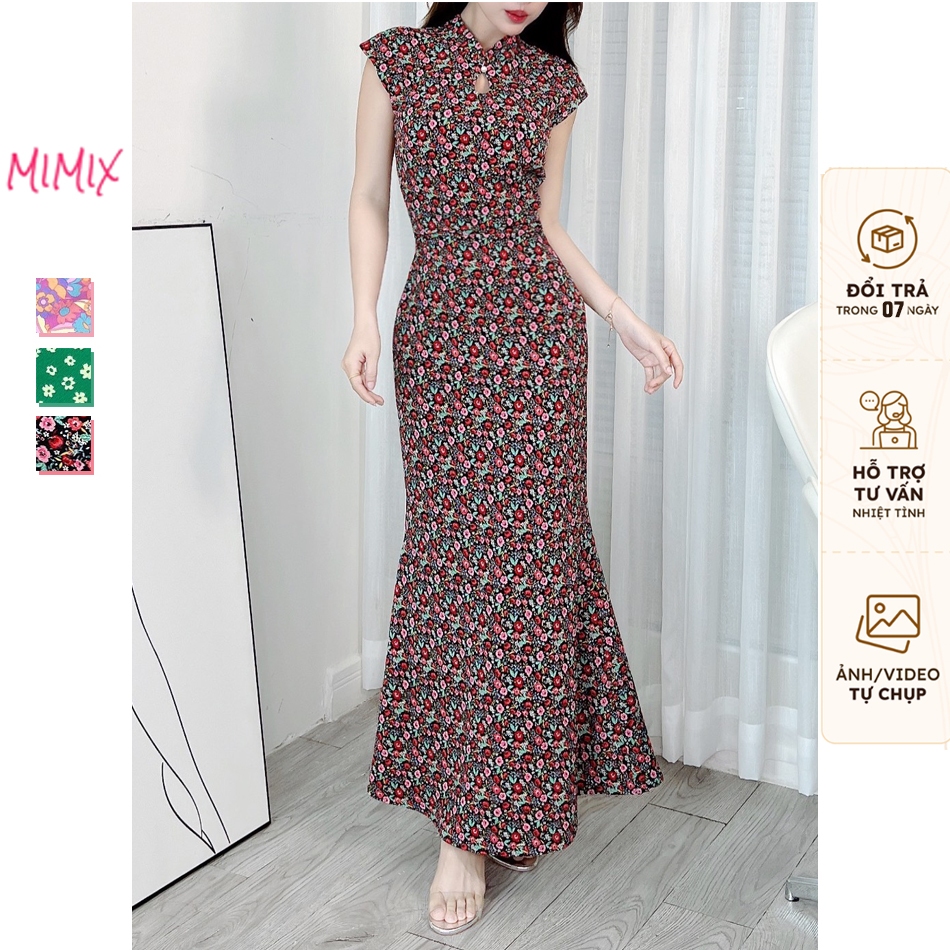 Đầm Body Hoa MIMIX Áo Cổ Tàu Giọt Nước Dáng Dài Form Đuôi Cá Tôn Dáng EI3190