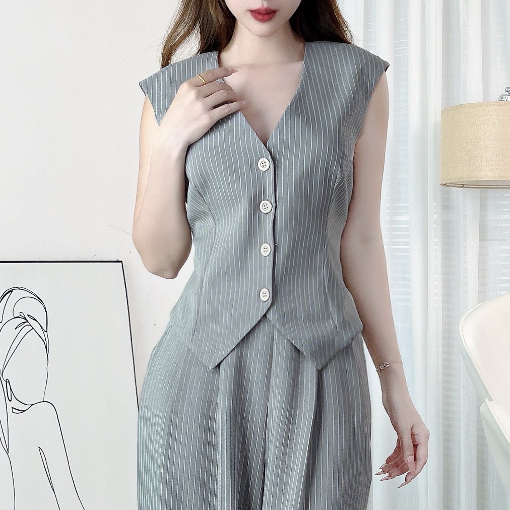 Set Bộ Áo Gile Cổ V Tà Nhọn Kèm Quần Dáng Suông Chất Linen Lụa Sọc Đi Tiệc MIMIX - EJ5