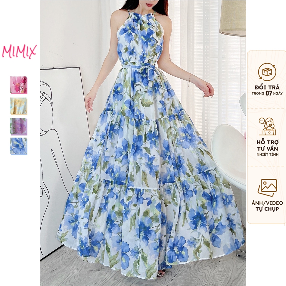 Đầm Maxi MIMIX Cổ Yếm Phối Hoa Dáng Dài Xòe Mùa Hè Phong Cách Thanh Lịch Đi Biển BX7245