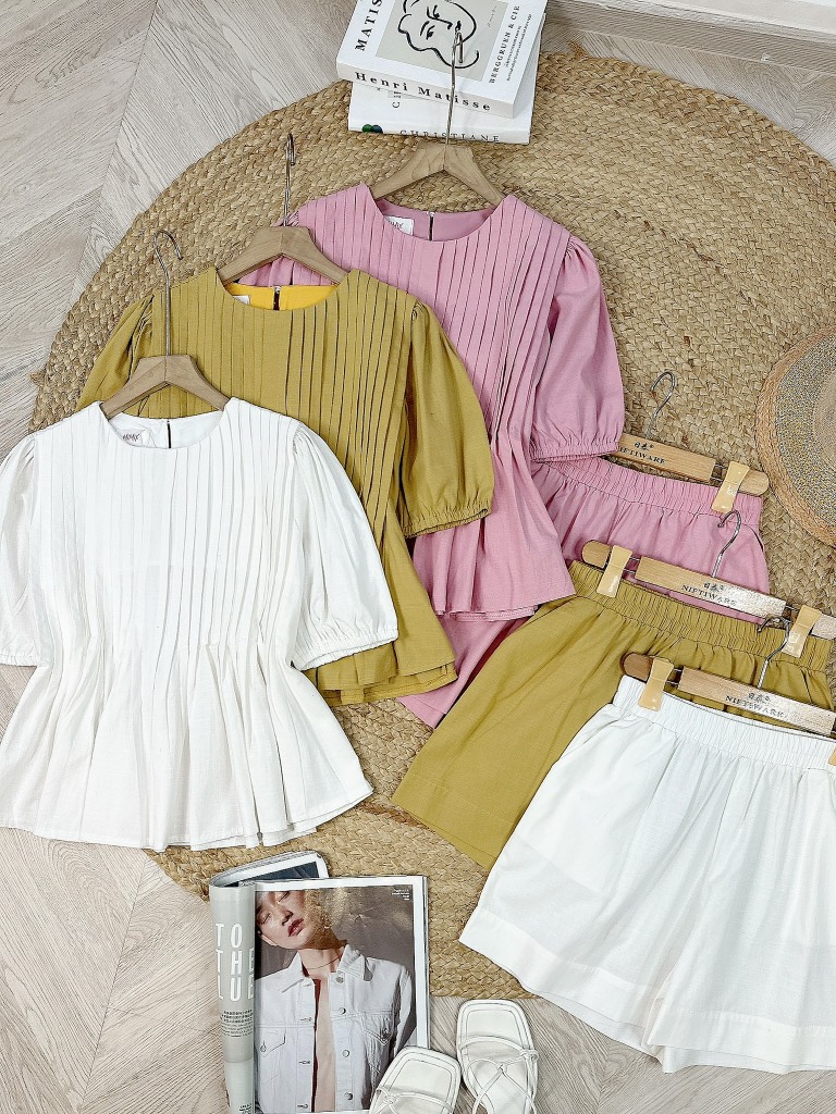 FS3 Set Short Nữ Trơn Áo Xếp Ly Mix Quần Dáng Ngắn Chất Cotton MIMIX