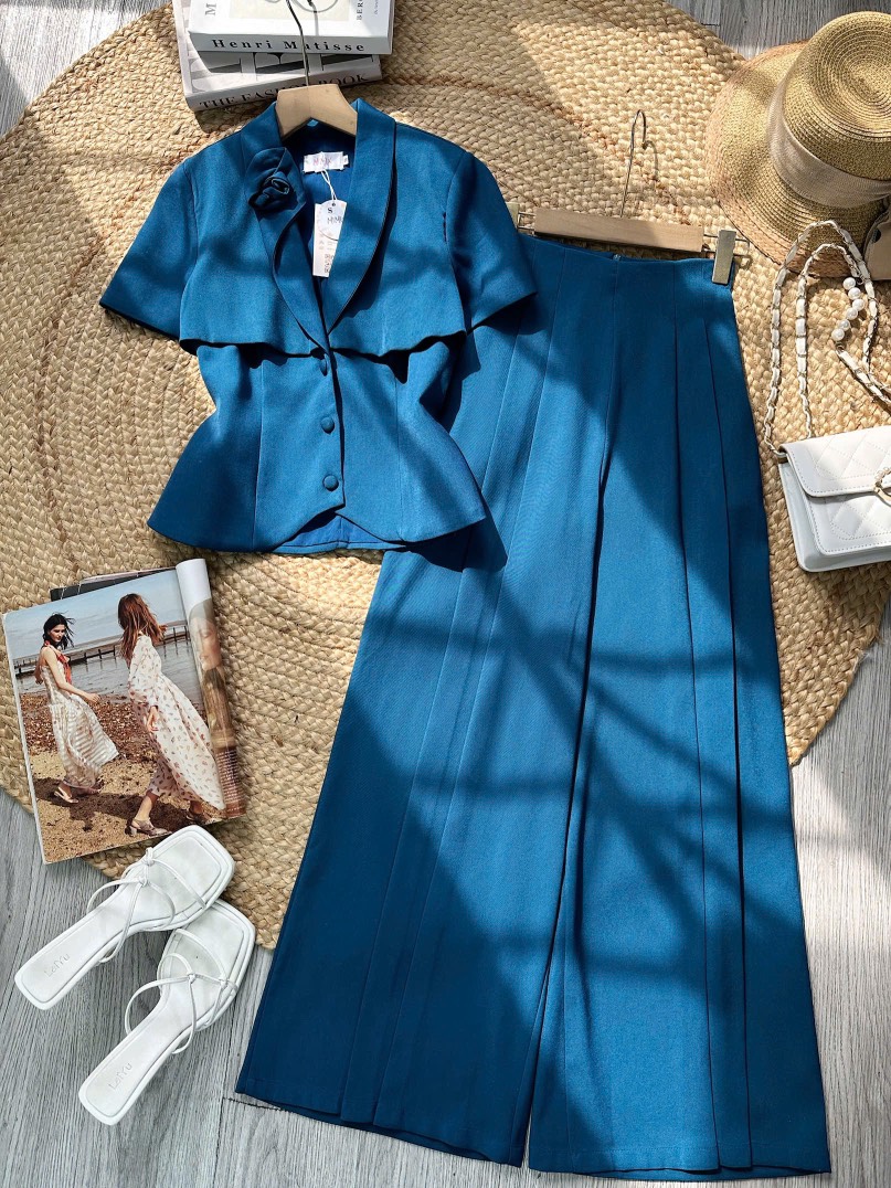 Set Áo Vest Cổ Hoa Mix Quần Dáng Dài Chất Chéo Hàn Công Sở MIMIX - FM8