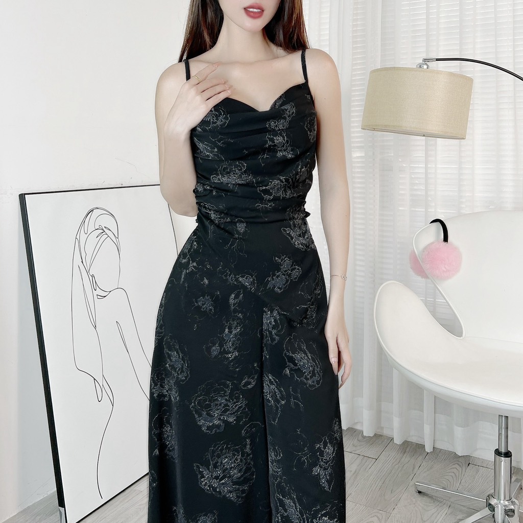 Set Bộ Họa Tiết Áo 2 Dây Cổ Đổ Tà Nhọn Kèm Quần Dài Ống A Chất Lụa Mango Đi Du Lịch MIMIX - EB7