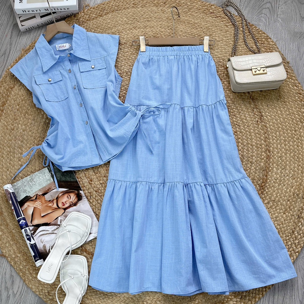Set Váy Áo Sơ Mi Rút Dây Mix Chân Váy Dáng Dài Xòe Chất Linen Gân Đi Làm Đi Dạo MIMIX - EW2