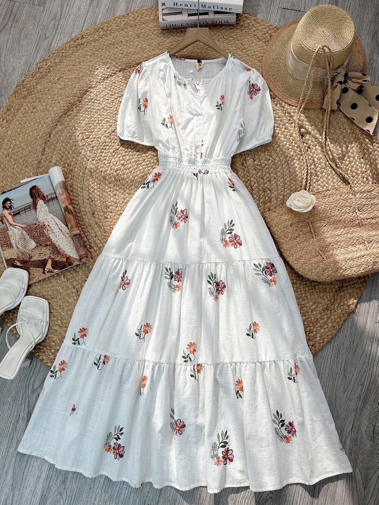 Đầm Maxi Nữ Cổ Tròn Bo Eo Chất Cotton Sước In Hoa Đi Biển MIMIX - FN0