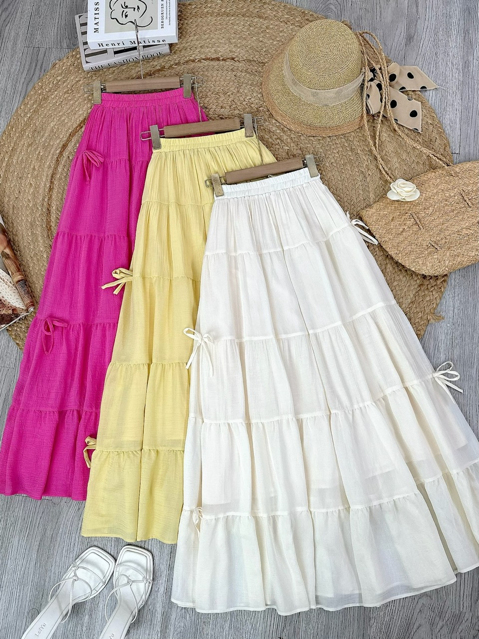 Chân Váy Nữ Trơn Tầng Đính Nơ Chất Tơ Cotton Đi Du Lịch MIMIX - FG6