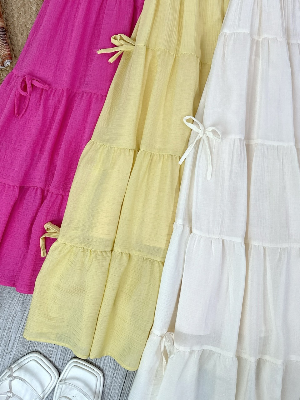 Chân Váy Nữ Trơn Tầng Đính Nơ Chất Tơ Cotton Đi Du Lịch MIMIX - FG6
