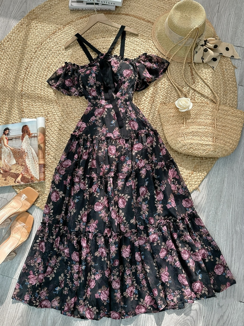 Đầm Maxi Hoa Tay Ngắn Cổ Yếm Dáng Dài Xòe Đi Biển Đi Tiệc MIMIX - FJ3