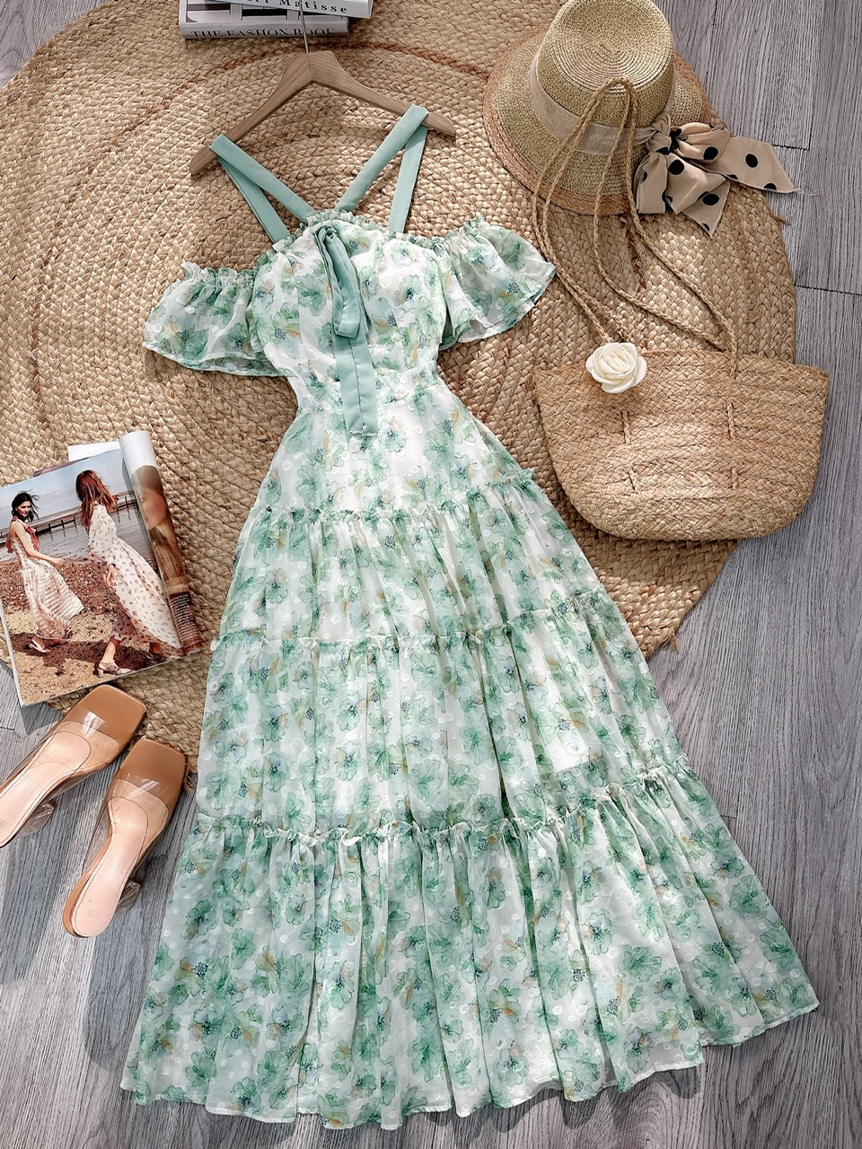 Đầm Maxi Hoa Tay Ngắn Cổ Yếm Dáng Dài Xòe Đi Biển Đi Tiệc MIMIX - FJ3