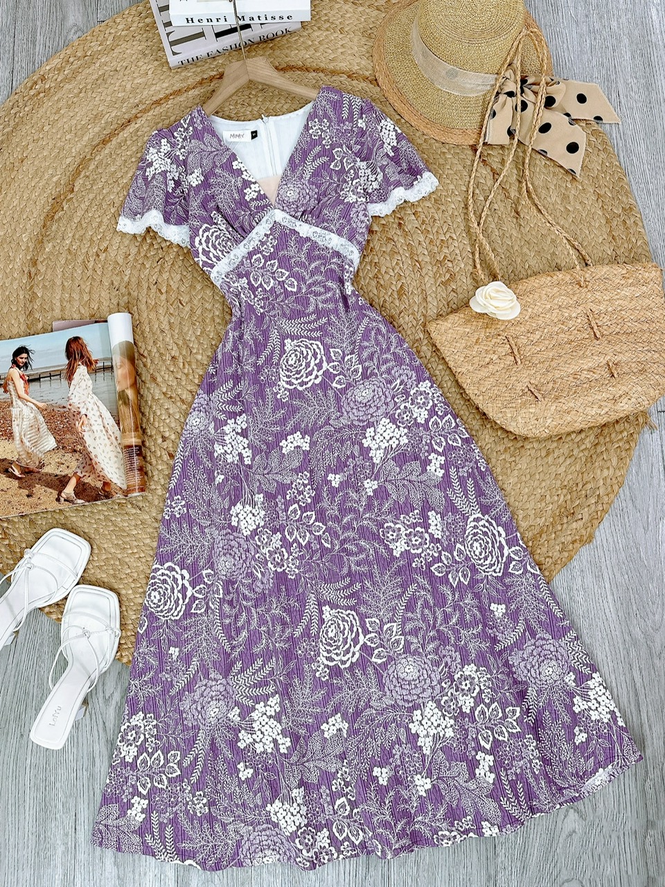 Đầm Maxi Thun Viền Ren Phối Tay Tiên Chất Thun Cotton In Hoa Đi Tiệc Đi Biển MIMIX - FG9