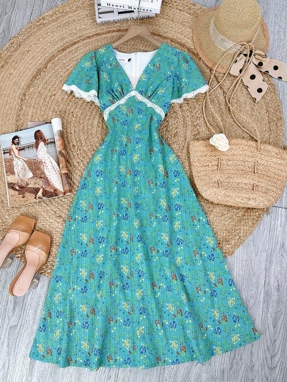 Đầm Maxi Thun Viền Ren Phối Tay Tiên Chất Thun Cotton In Hoa Đi Tiệc Đi Biển MIMIX - FG9