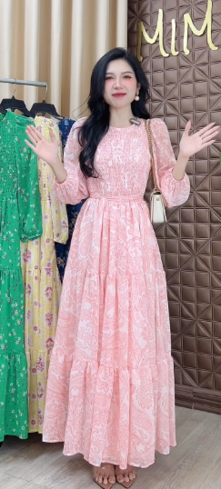 Váy Maxi Hoa Tay Dài Smocking Thân Dáng Dài Chất Tơ Đi Du Lịch MIMIX - FD9