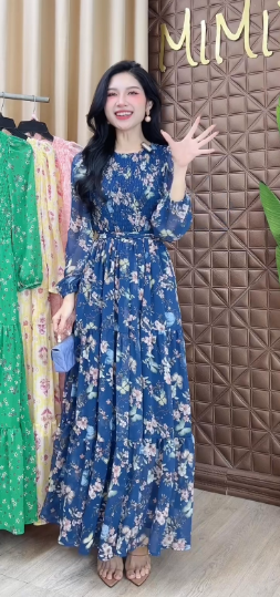 Váy Maxi Hoa Tay Dài Smocking Thân Dáng Dài Chất Tơ Đi Du Lịch MIMIX - FD9