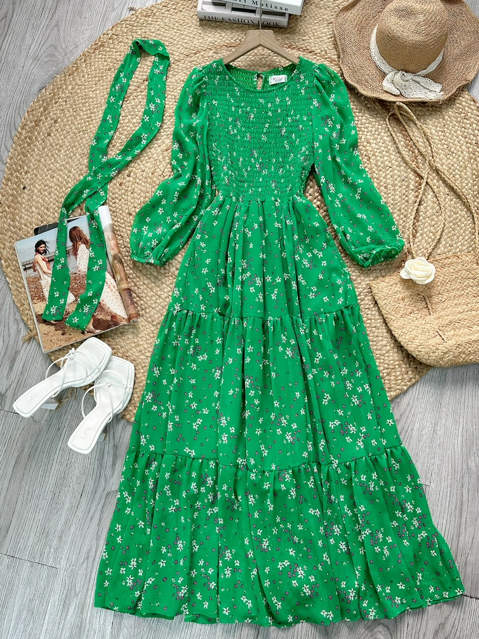 Váy Maxi Hoa Tay Dài Smocking Thân Dáng Dài Chất Tơ Đi Du Lịch MIMIX - FD9
