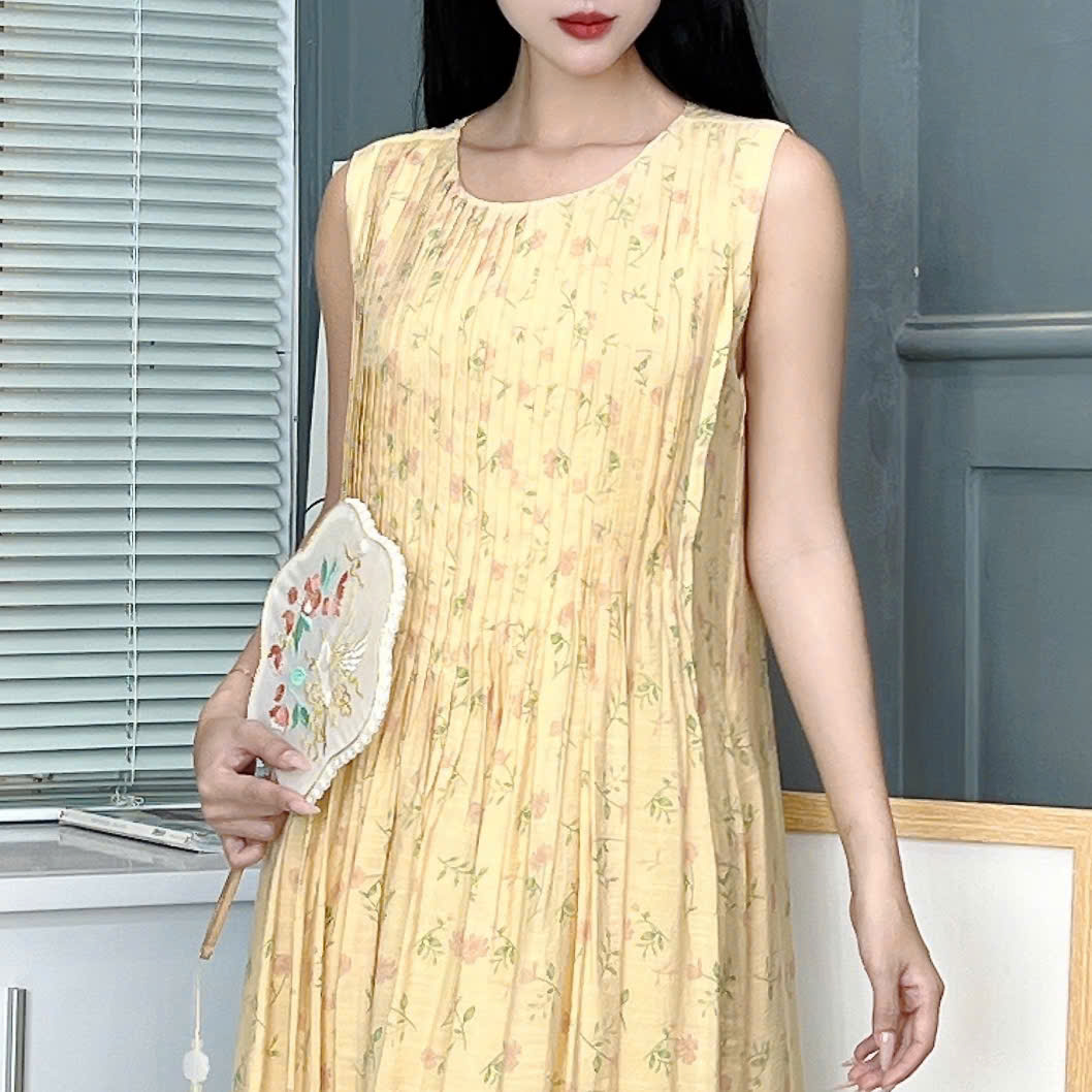Váy Maxi Hoa Nhí Xếp Ly Ngực Dáng Dài Xòe Chất Tơ Hoa Đi Biển MIMIX - FA8