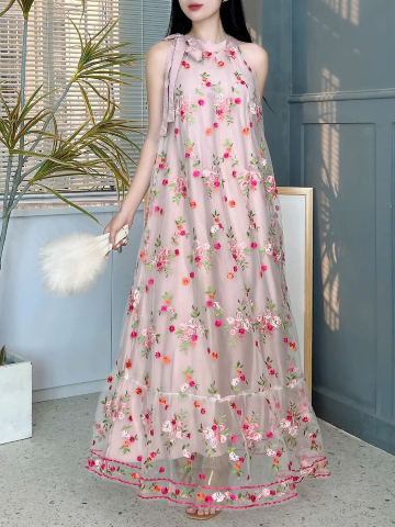 Váy Maxi Thêu Hoa Cổ Yếm Dáng Dài Xòe Chất Lưới Thêu Hoa Đi Biển MIMIX - EY1