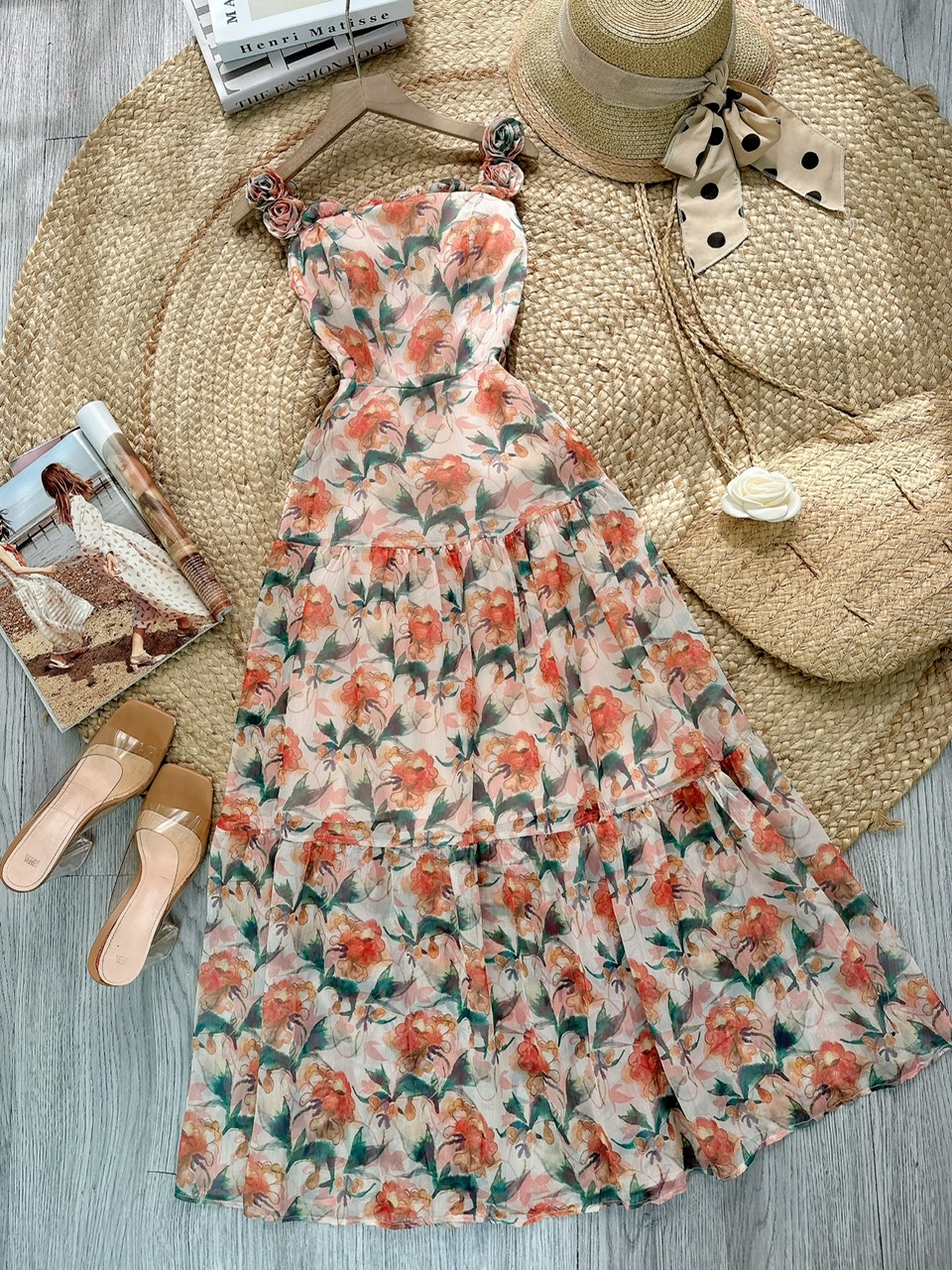 Váy Maxi Hoa Dáng Dài Cổ Viền Hoa Chất Tơ Pha Lê Đi Tiệc Đi Biển MIMIX - FF5