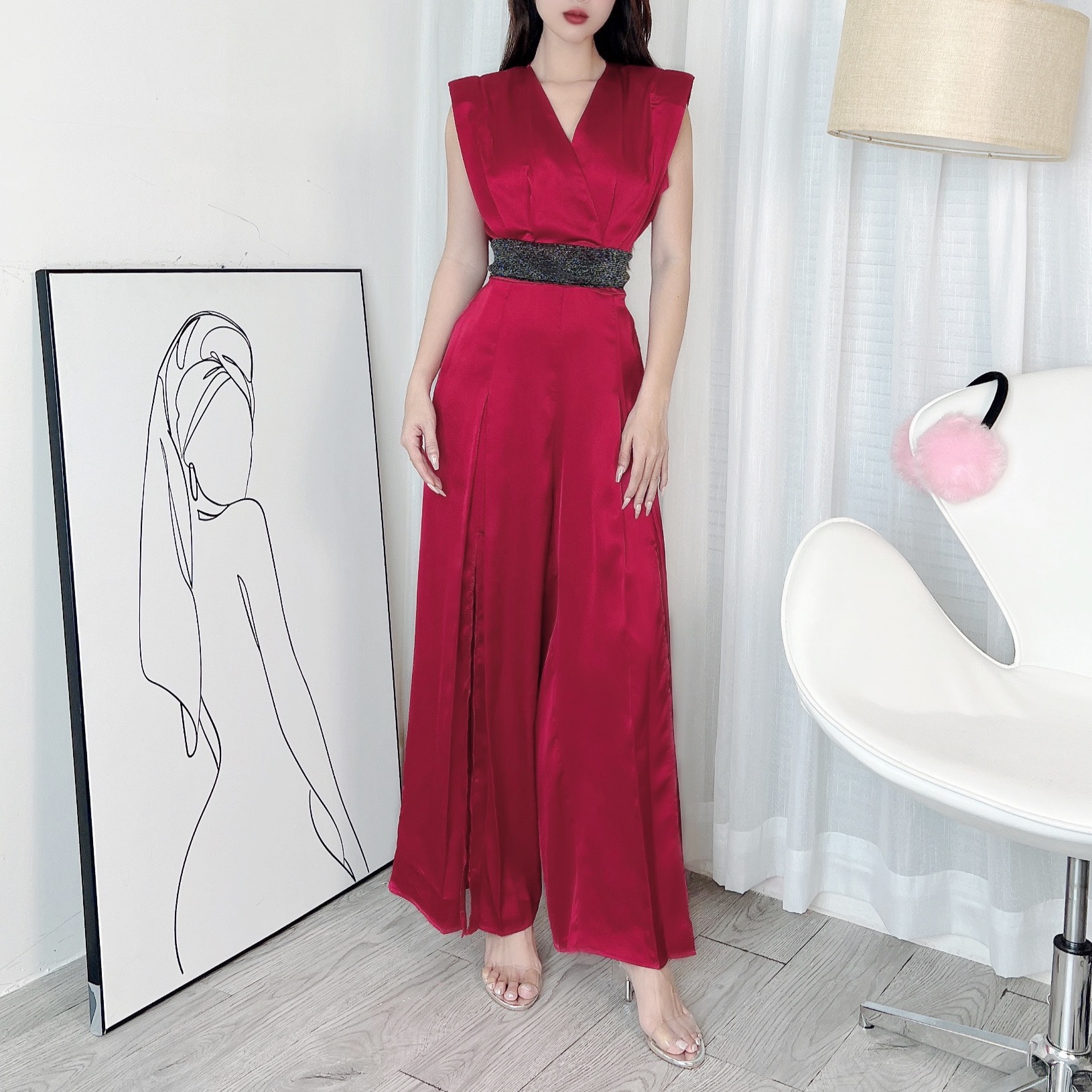 Jumpsuit Nữ Trơn Dáng Dài Cổ V Ống Phối Xẻ Chất Lụa Satin Đi Tiệc MIMIX - DG0