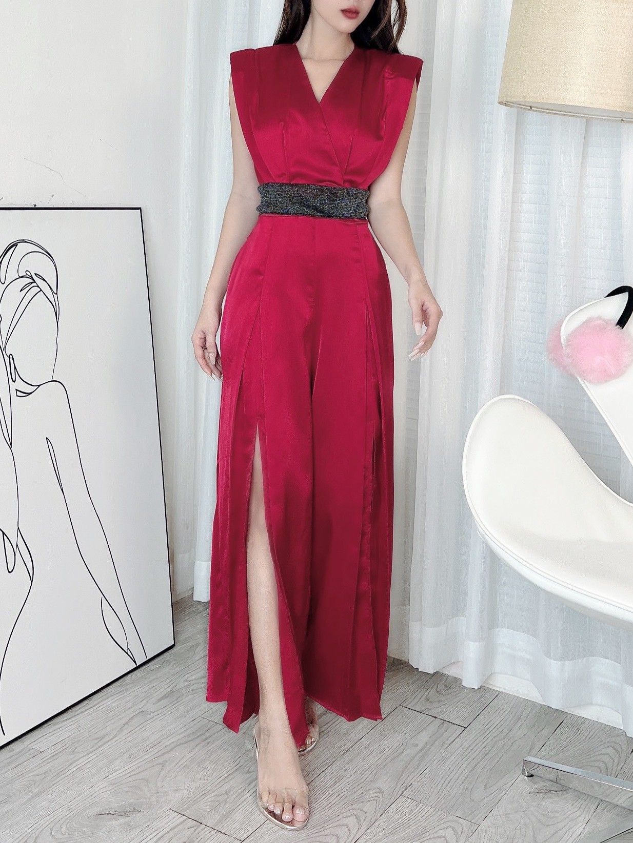 Jumpsuit Nữ Trơn Dáng Dài Cổ V Ống Phối Xẻ Chất Lụa Satin Đi Tiệc MIMIX - DG0