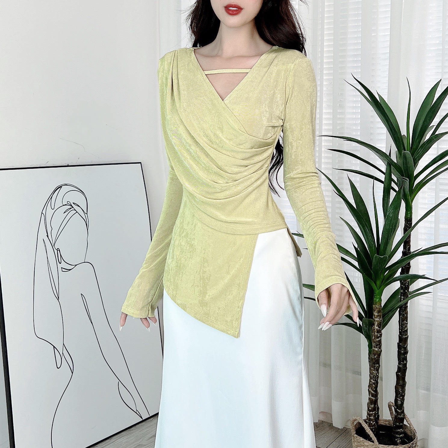 Áo Tay Dài Tà Nhọn Dây Ngực Xếp Ly Vạt Eo Chất Thun Nhũ Đi Làm Đi Chơi MIMIX - DU3