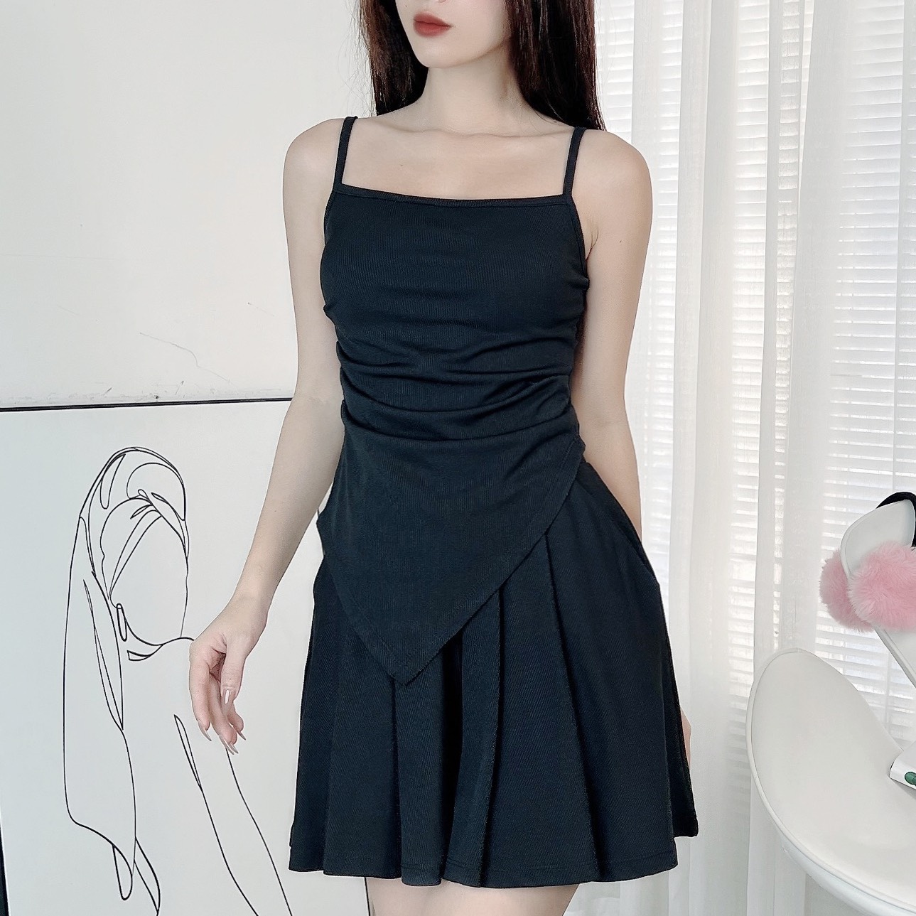 Set Bộ Trơn Nữ Trơn Áo 2 Dây Tà Nhọn Kèm Quần Váy Xếp Ly Chất Thun Tăm Nhuyễn Đi Du Lịch MIMIX - DY8