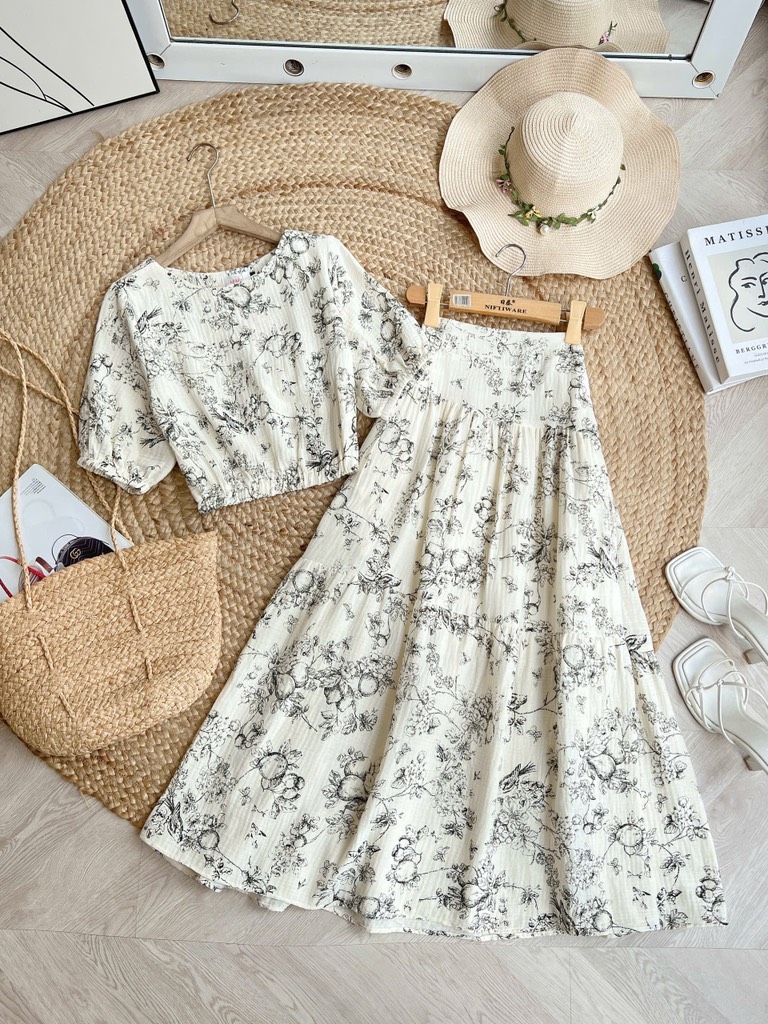 FS4 - SET ÁO CỔ TRÒN MIX CHÂN VÁY MIMIX
