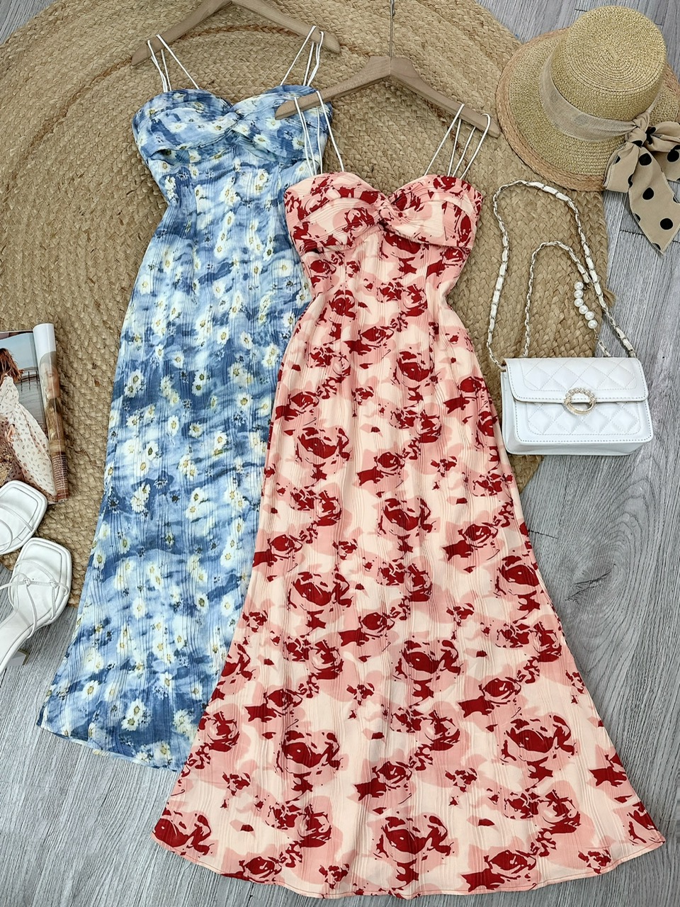 Đầm 2 Dây Hoa Dập Ly Lượn Sóng Kèm Xoắn Trước Chất Mango Dập Ly Sóng Đi Biển MIMIX - EA0