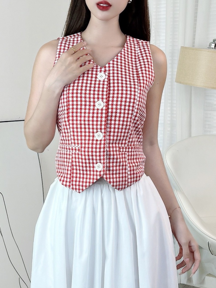 Áo Gile Caro Cổ Dạng Vest Phối Nút Chất Bố Lụa Công Sở MIMIX - EN1