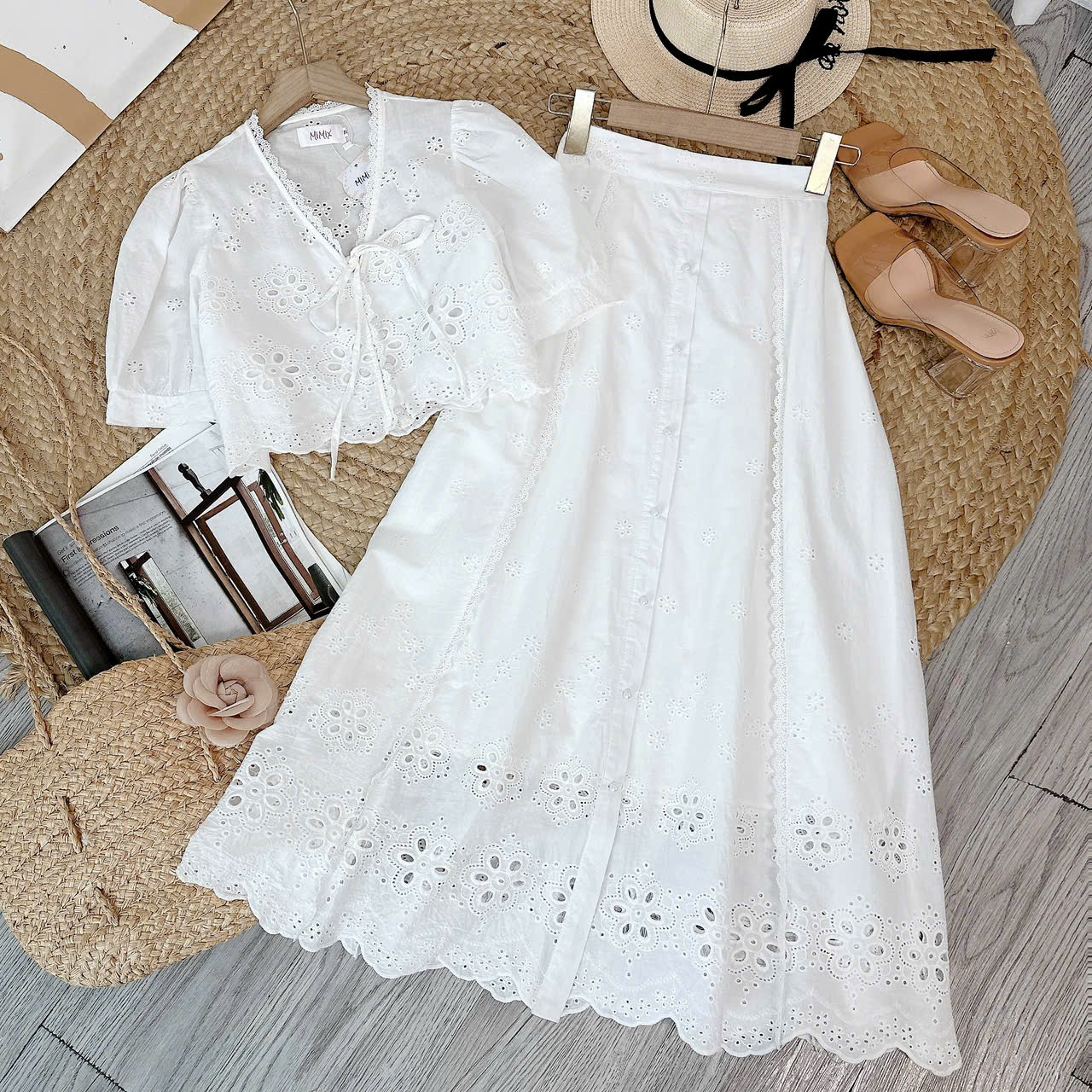 Set Váy Nữ Áo Nơ Mix Chân Váy Viền Ren Dọc Chất Boi Thêu Đi Du Lịch MIMIX - FM7