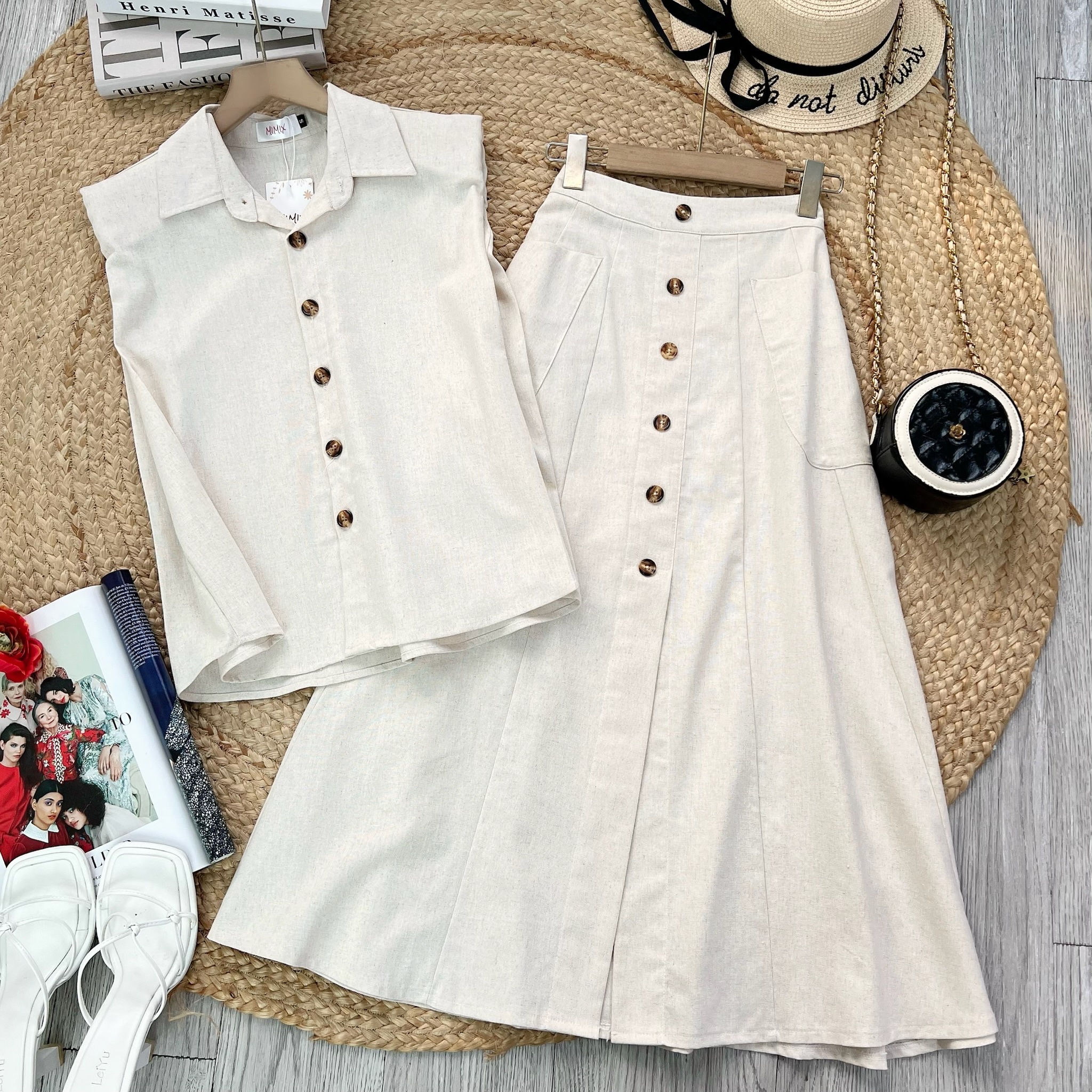 Set Váy Nữ Áo Sát Nách Mix Chân Váy Đính Nút Chất Linen Bột Đi Làm Đi Tiệc MIMIX - EX3