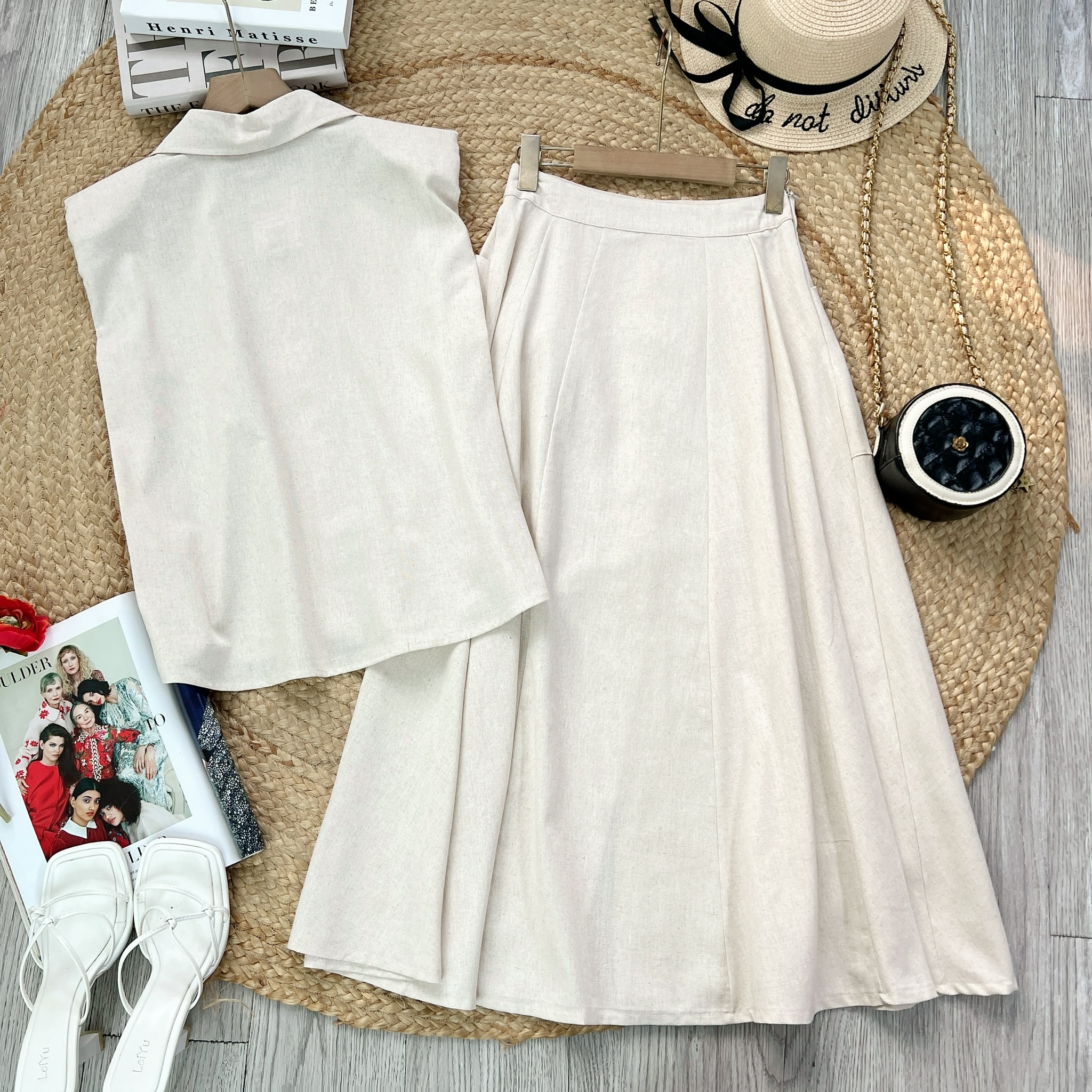 Set Váy Nữ Áo Sát Nách Mix Chân Váy Đính Nút Chất Linen Bột Đi Làm Đi Tiệc MIMIX - EX3