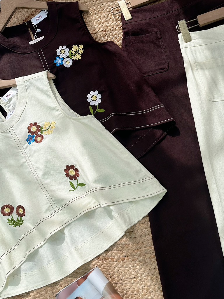 FS6 - Set Áo Sát Nách Cổ Tròn Thêu Hoa Mix Quần Dài Chất Linen Thêu MIMIX