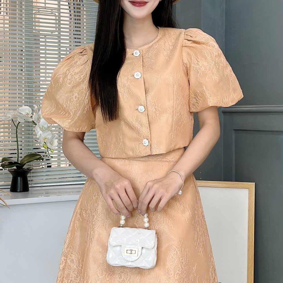 Set Váy Ren Áo Cổ Tròn Nút Hoa Mix Chân Váy Xòe Chất Ren Ép Tapfa Đi Tiệc Đi Làm MIMIX - FC2