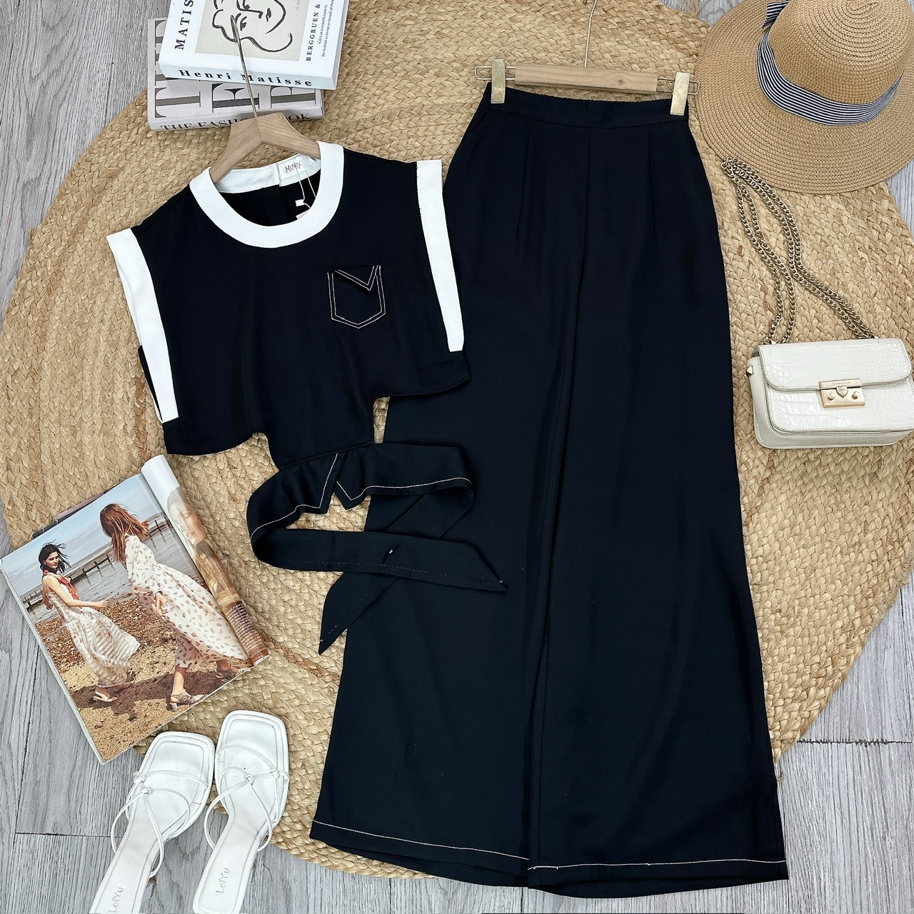 Set Bộ Trơn Áo Sát Nách Viền Trắng Mix Quần Dáng Dài Chất Lụa Trượt Chéo Đi Làm MIMIX - FC4