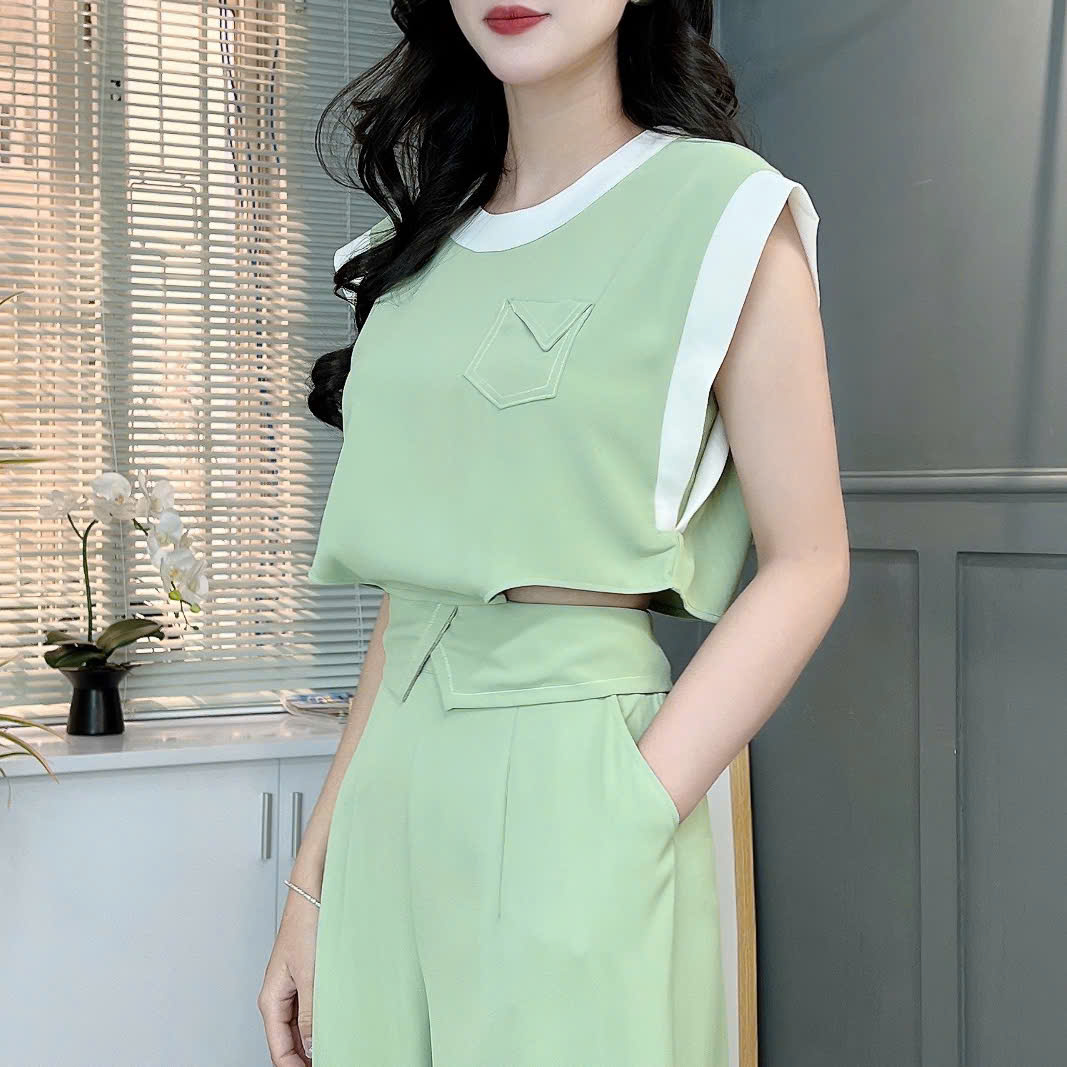 Set Bộ Trơn Áo Sát Nách Viền Trắng Mix Quần Dáng Dài Chất Lụa Trượt Chéo Đi Làm MIMIX - FC4