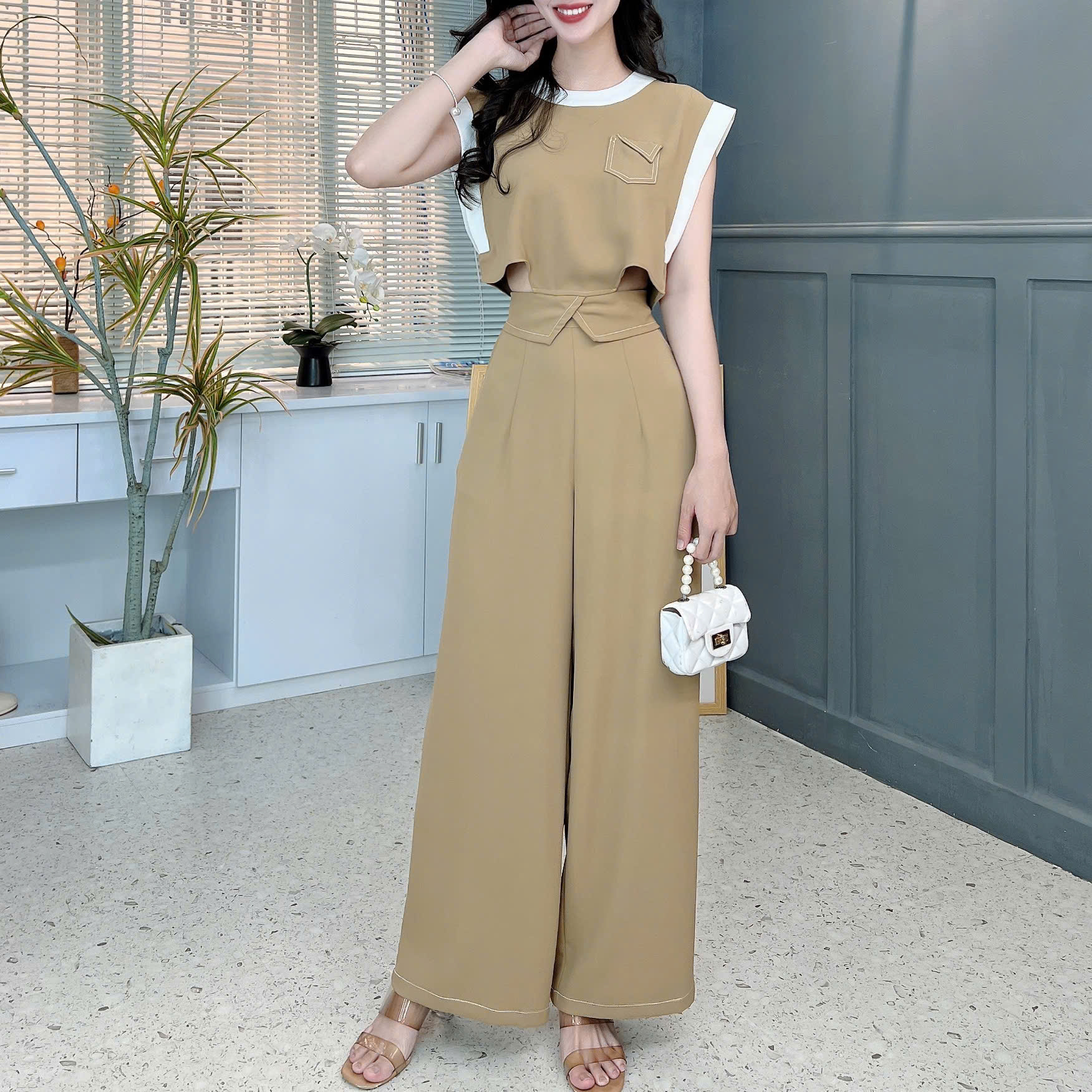 Set Bộ Trơn Áo Sát Nách Viền Trắng Mix Quần Dáng Dài Chất Lụa Trượt Chéo Đi Làm MIMIX - FC4