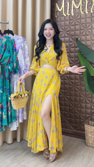 Set Váy Hoa Áo Đắp Chéo Mix Chân Váy Dáng Dài Xòe Đi Biển MIMIX - FC6