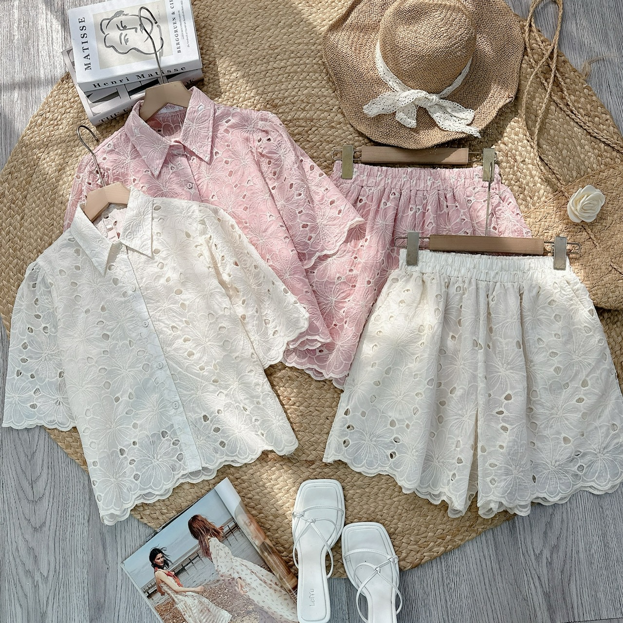 Set Short Áo Sơ Mi Thêu Hoa Chất Tơ Thêu Đi Dạo Phố MIMIX - FD7