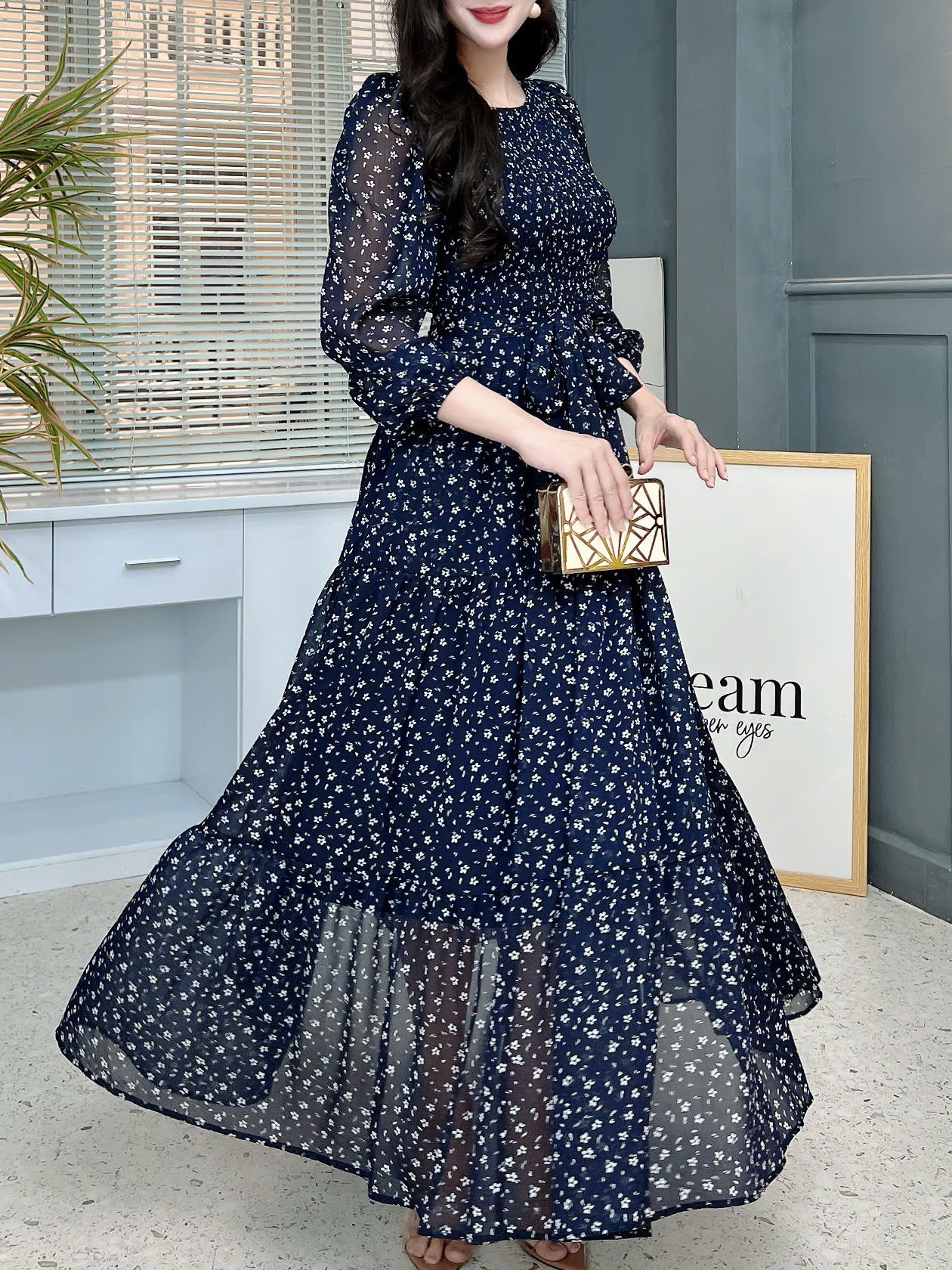 Váy Maxi Hoa Tay Dài Smocking Thân Dáng Dài Chất Tơ Đi Du Lịch MIMIX - FD9