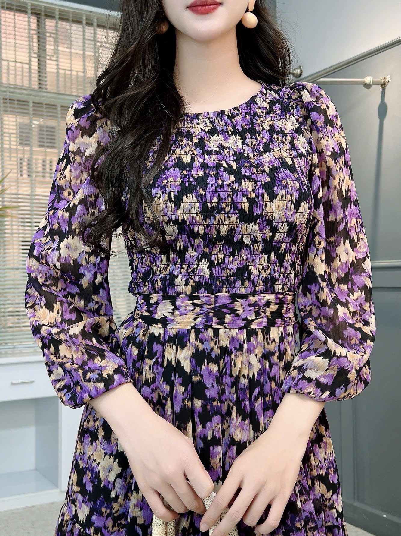 Váy Maxi Hoa Tay Dài Smocking Thân Dáng Dài Chất Tơ Đi Du Lịch MIMIX - FD9