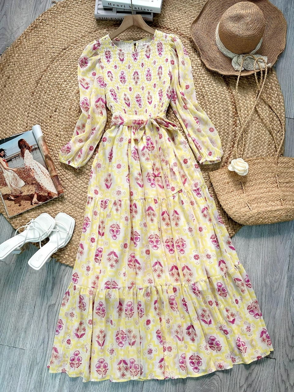 Váy Maxi Hoa Tay Dài Smocking Thân Dáng Dài Chất Tơ Đi Du Lịch MIMIX - FD9