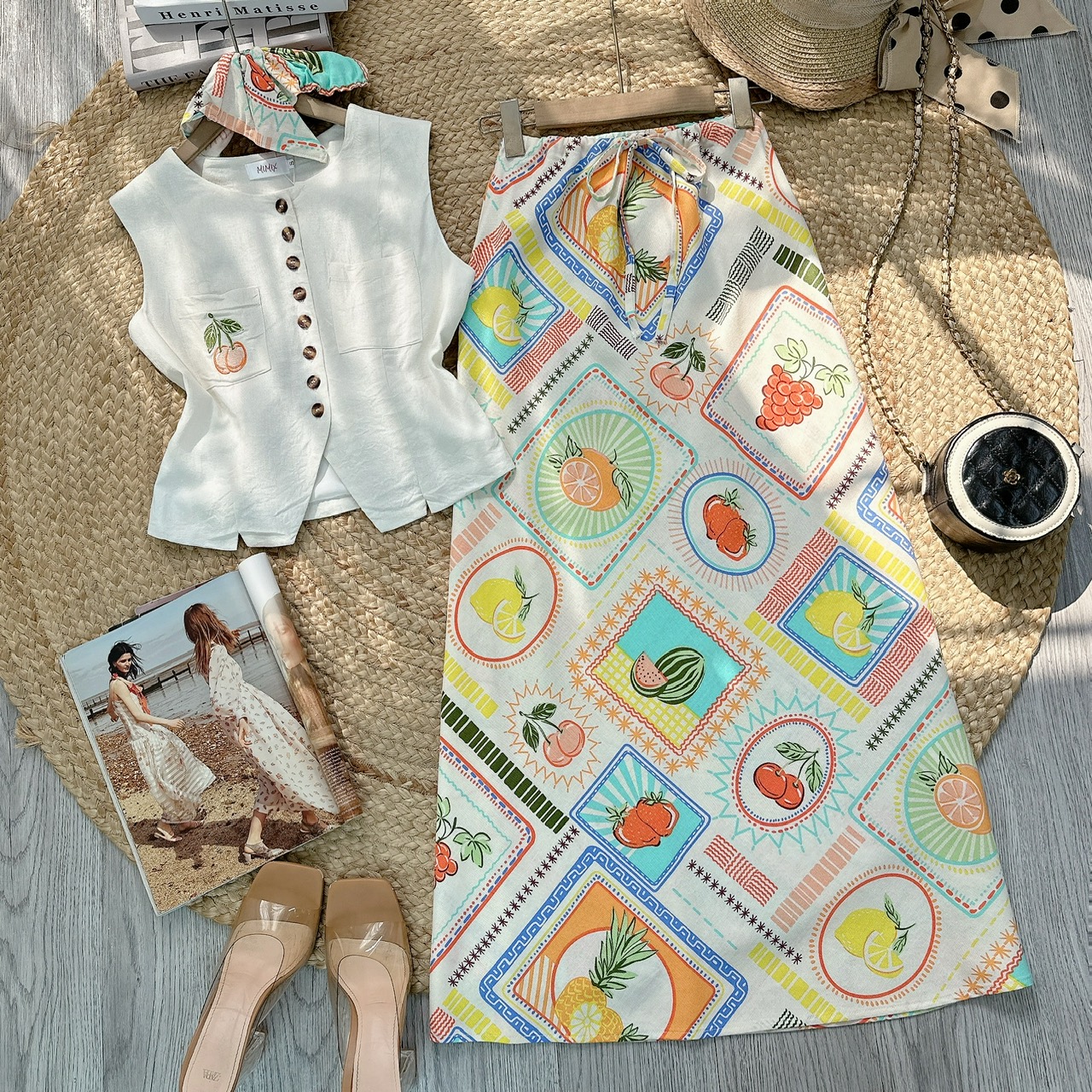 Set Bộ Thêu Áo Gile Mix Chân Váy Họa Tiết Chất Linen Đi Biển MIMIX - FE5